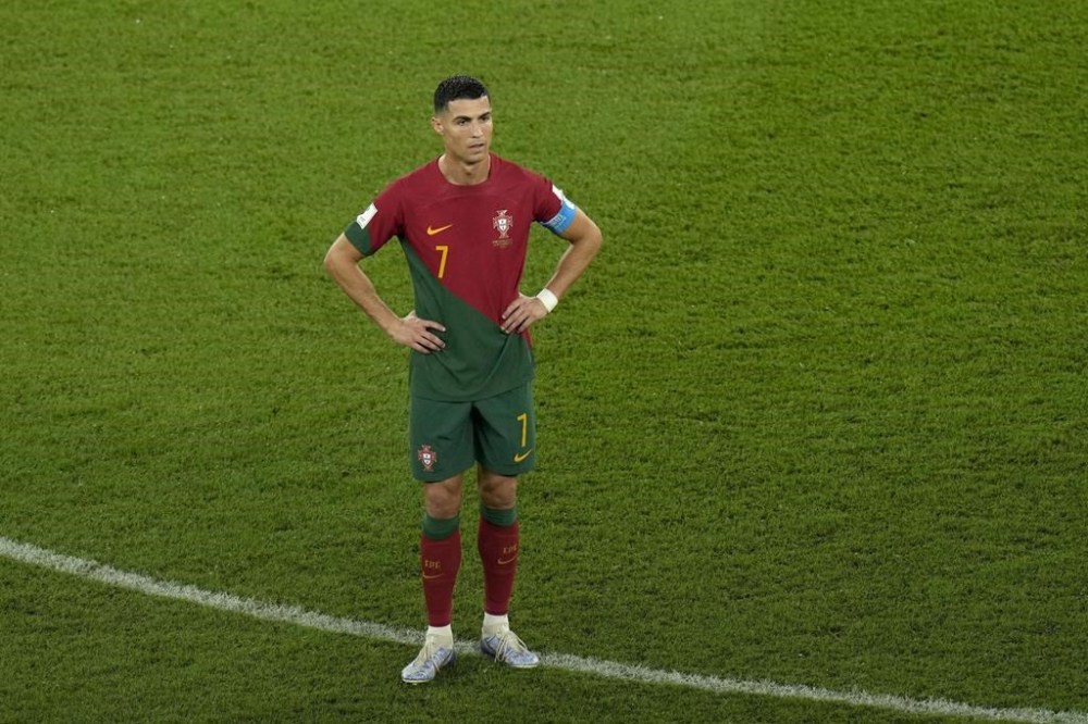 Portugal's Cristiano Ronaldo reacts during the World Cup group H soccer match between Portugal and Ghana, at the Stadium 974 in Doha, Qatar, Thursday, Nov. 24, 2022. (AP Photo/Francisco Seco)