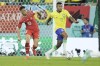 Brazil's Gabriel Jesus, right, and Switzerland's Granit Xhaka challenge for the ball during the World Cup group G soccer match between Brazil and Switzerland at the Stadium 974 in Doha, Qatar, Monday, Nov. 28, 2022. (AP Photo/Hassan Ammar)