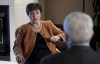 Kristalina Georgieva, left, Managing Director of the International Monetary Fund (IMF), speaks to AP Business Writer David McHugh during an interview with The Associated Press in Berlin, Germany, Tuesday, Nov. 29, 2022. (AP Photo/Michael Sohn)