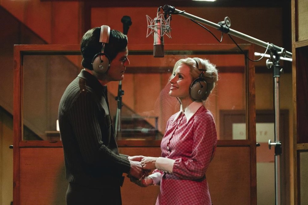 This image released by Showtime shows Michael Shannon as George Jones, left, and Jessica Chastain as Tammy Wynette in a scene from