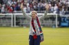 FILE - United States head coach Jill Ellis waves to the crowd as she leaves the field after an international friendly soccer match between the United States and South Korea, Sunday, Oct. 6, 2019, in Chicago. Jill Ellis was voted into the U.S. Soccer Hall of Fame after coaching the American women to World Cup titles in 2015 and 2019. (AP Photo/Kamil Krzaczynski, File)
