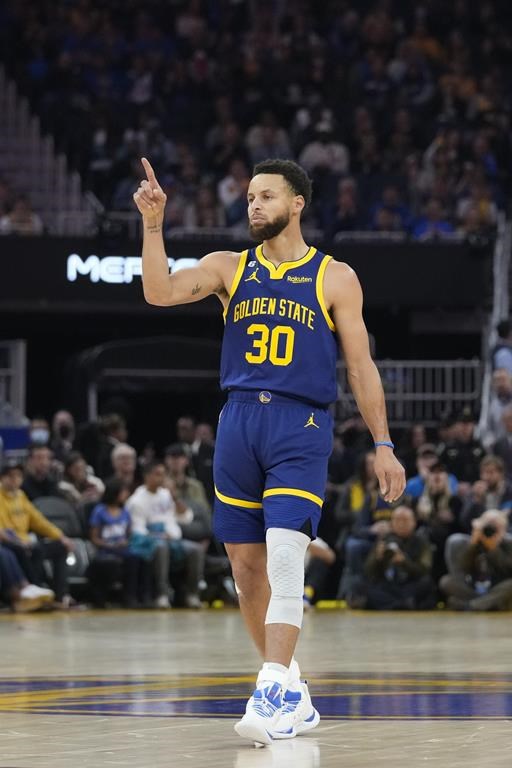 Golden State Warriors guard Stephen Curry reacts after scoring against the Chicago Bulls during the first half of an NBA basketball game in San Francisco, Friday, Dec. 2, 2022. (AP Photo/Godofredo A. Vásquez)