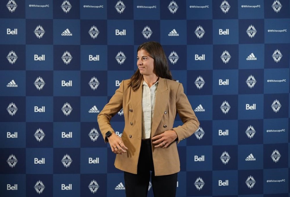 Vancouver Whitecaps general manager of women's soccer Stephanie Labbe, former Canadian women's national soccer team goalkeeper, attends a news conference after she was named to the position, in Vancouver, B.C., Thursday, Oct. 6, 2022. The Vancouver Whitecaps announced Monday that it will be home to one of two founding teams when a new professional women’s soccer eight-team league begins in 2025. THE CANADIAN PRESS/Darryl Dyck