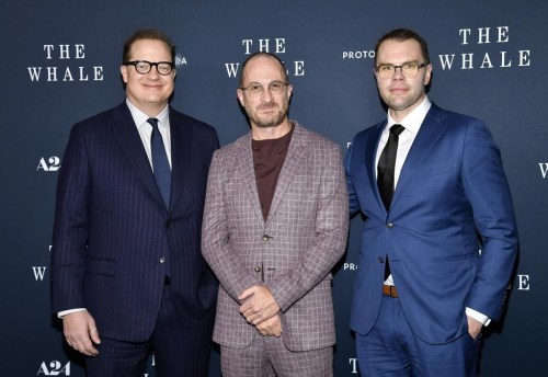 Actor Brendan Fraser, left, director Darren Aronofsky and writer Sam Hunter attend the premiere of 