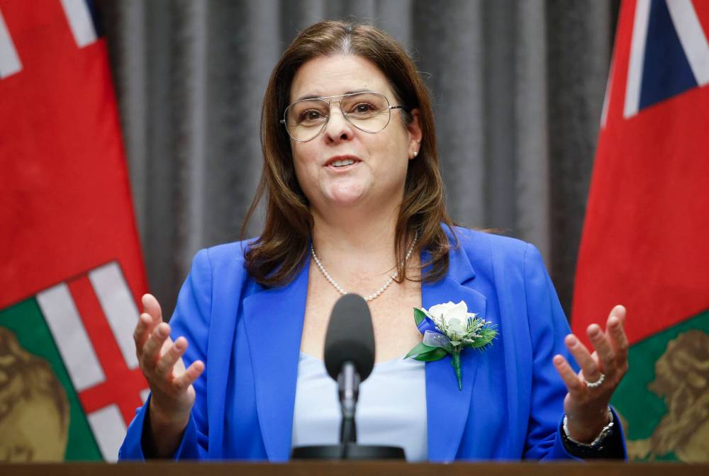 John Woods/THE CANADIAN PRESS
Manitoba Premier Heather Stefanson speaks at a news conference prior to the throne speech at the Manitoba Legislature on Nov. 15.