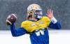 Quarterbacks Dru Brown (above) and Dakota Prukop took part in the Blue Bombers practice Wednesday, but Zach Collaros was nowhere to be seen. (Heywood Yu / The Canadian Press)