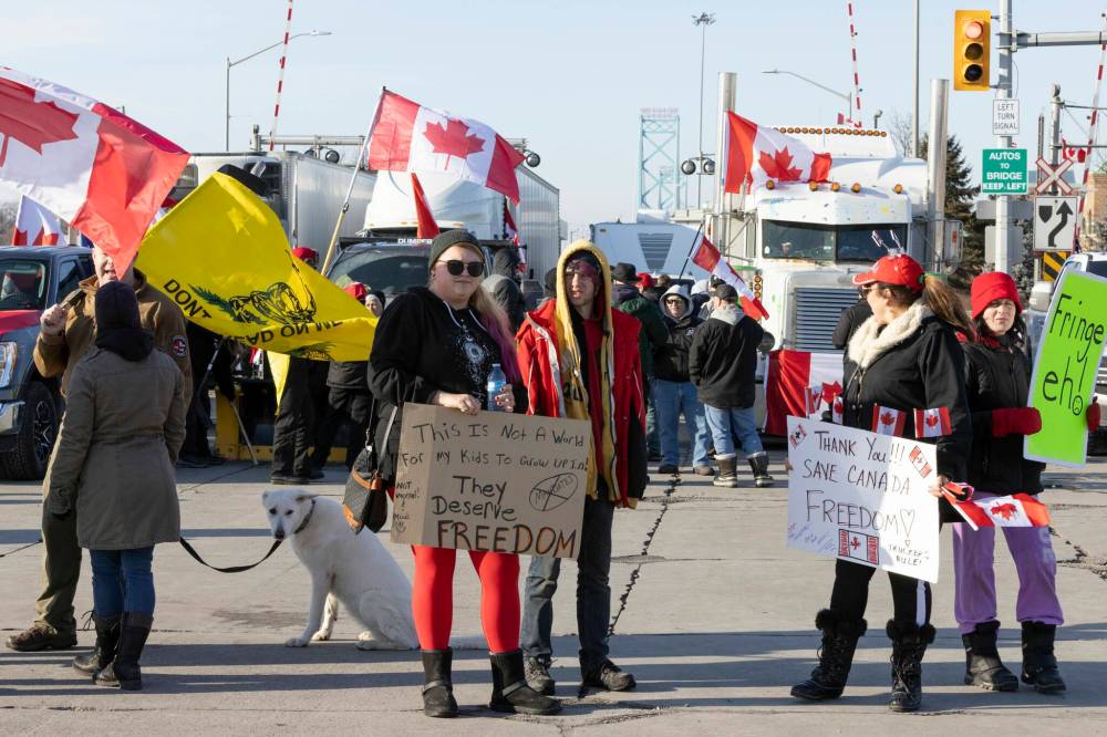 Nicole Osborne / THE CANADIAN PRESS files
Protesters block traffic at the Ambassador Bridge that links Windsor, Ont., and Detroit last February, disrupting the movement of between $8 billion and $12 billion in agri-food that crosses the bridge each year.