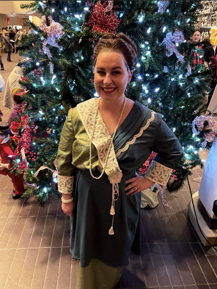 A costumed, bewigged Jen Zoratti is ready for her role as a party guest at the opening performance of Royal Winnipeg Ballet’s Nutcracker.(Supplied)