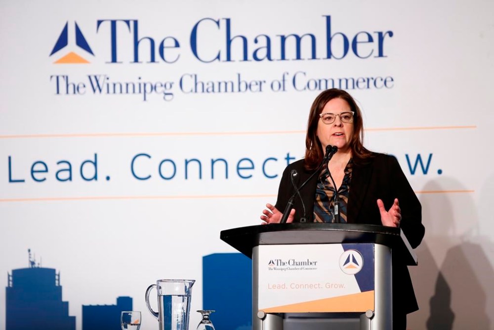 Manitoba Premier Heather Stefanson delivers her annual state of the province speech to the Winnipeg Chamber of Commerce at the convention centre in Winnipeg on Dec. 8, 2022. THE CANADIAN PRESS/John Woods