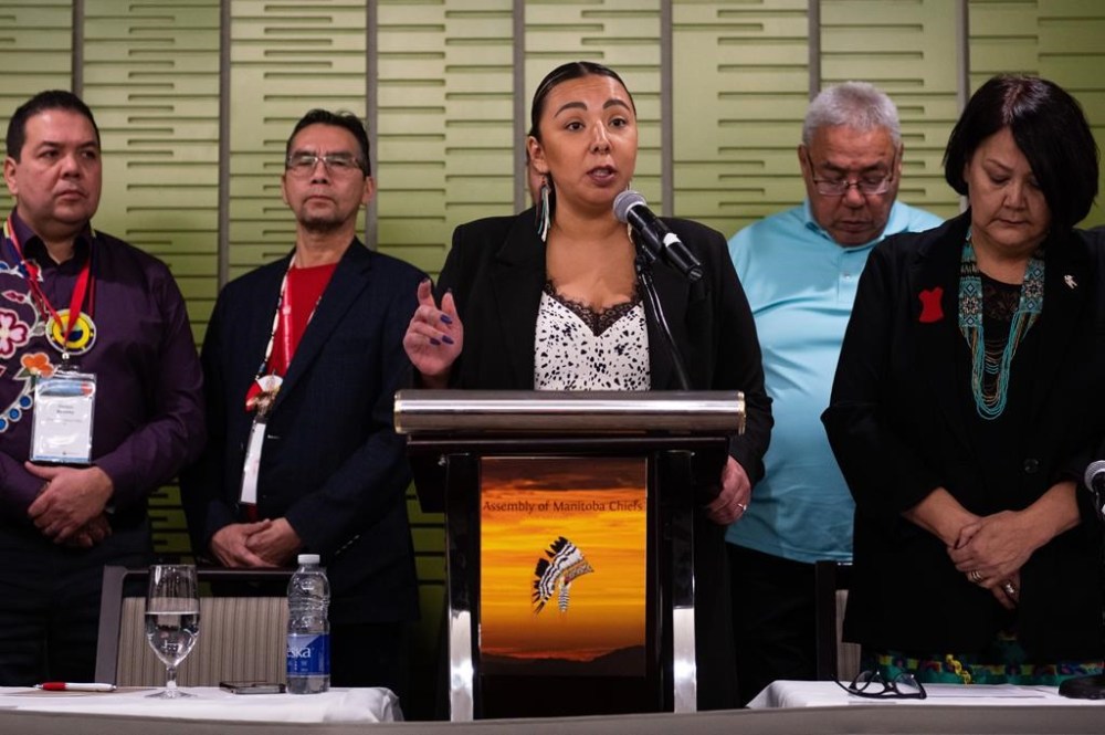 Chief Kyra Wilson of the Long Plain First Nation speaks during a press conference at the Assembly of First Nations Special Chiefs Assembly in Ottawa, on Thursday, Dec. 8, 2022. Indigenous leaders and family members have called for the resignation of the Winnipeg police chief in light of the force's decision not to search a landfill for the remains of two homicide victims. THE CANADIAN PRESS/Spencer Colby