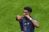France's Aurelien Tchouameni celebrates after scoring his side's opening goal during the World Cup quarterfinal soccer match between England and France, at the Al Bayt Stadium in Al Khor, Qatar, Saturday, Dec. 10, 2022. (AP Photo/Hassan Ammar)