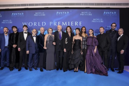 Brendan Cowell, from left, Jamie Flatters, Jack Champion, producer Jon Landau, Stephen Lang, Kate Winslet, director James Cameron, Sigourney Weaver, Trinity Jo-Li Bliss, Zoe Saldana, Bailey Bass, Sam Worthington, Joel David Moore, and Steve Asbell pose for photographers upon arrival at the World premiere of the film 'Avatar: The Way of Water' in London, Tuesday, Dec. 6, 2022. (Photo by Vianney Le Caer/Invision/AP)