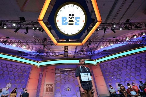 FILE - Saharsh Vuppala, 13, from Bellevue, Wash., competes during the finals of the Scripps National Spelling Bee, Thursday, June 2, 2022, in Oxon Hill, Md. The Scripps National Spelling Bee has its third executive director in the past two years. Scripps announced Wednesday, Dec. 14, that longtime bee staffer Corrie Loeffler will lead the competition.(AP Photo/Alex Brandon, File)