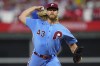 FILE -Philadelphia Phillies starting pitcher Noah Syndergaard throws during the first inning in Game 5 of baseball's World Series between the Houston Astros and the Philadelphia Phillies on Thursday, Nov. 3, 2022, in Philadelphia. Pitcher Noah Syndergaard and the Los Angeles Dodgers agreed to a one-year contract, a person familiar with the negotiations told The Associated Press.(AP Photo/Matt Slocum, File)