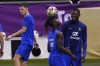 France's Eduardo Camavinga juggles the ball during the training session at the Jassim Bin Hamad stadium in Doha, Qatar, Friday, Dec. 16, 2022. France will play against Argentina during their World Cup final soccer match on Dec. 18. (AP Photo/Petr David Josek)