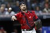 FILE -Cleveland Guardians catcher Austin Hedges throws out Tampa Bay Rays' Wander Franco at first base during the sixth inning of a baseball game Thursday, Sept. 29, 2022, in Cleveland. The Pittsburgh Pirates and veteran catcher Austin Hedges agreed to a $5 million, one-year contract on Saturday, Dec. 17, 2022 according to a person familiar with the negotiations.(AP Photo/Ron Schwane, File)