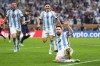 Argentina's Lionel Messi celebrates scoring his side's opening goal during the World Cup final soccer match between Argentina and France at the Lusail Stadium in Lusail, Qatar, Sunday, Dec.18, 2022. (AP Photo/Manu Fernandez)