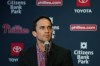 FILE - Philadelphia Phillies general manager Sam Fuld listens during an introductory news conference for shortstop Trea Turner, Thursday, Dec. 8, 2022, in Philadelphia. The Phillies have extended the contracts of Vice President and General Manager Sam Fuld and Assistant General Managers Ned Rice and Jorge Velandia. Phillies President of Baseball Operations David Dombrowski made the announcement Monday, Dec. 19, 2022. (AP Photo/Matt Slocum, File)