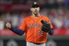 FILE - Houston Astros starting pitcher Justin Verlander celebrates the last out in the fifth inning in Game 5 of baseball's World Series between the Houston Astros and the Philadelphia Phillies on Thursday, Nov. 3, 2022, in Philadelphia. Justin Verlander agreed to an $86.7 million, two-year contract with the New York Mets on Monday, Dec. 5, 2022, reuniting the AL Cy Young Award winner with Max Scherzer and giving the Mets a high-profile replacement for Jacob deGrom. (AP Photo/Matt Slocum, File)