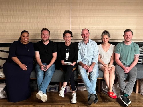 Dana Gourier (who played Bricktop), left to right, Nicholas Hussong, Luke Brandon Field (Young Molloy), Adam O’Byrne, playwright Hannah Moscovitch, and Jesse Feldman (DP) are shown in an undated handout photo. THE CANADIAN PRESS/HO *MANDATORY CREDIT*