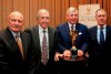 FILE - Members of the England 1966 World Cup winning team, from left, George Cohen, Gordon Banks, Martin Peters and Geoff Hurst pose for the media with the official English Football Association replica of the Jules Rimet trophy, at the Royal Garden Hotel in London Tuesday, Jan. 5, 2016. George Cohen, the right-back for England World Cup-winning team of 1966, has died aged 83, his former club Fulham have announced on Friday, Dec. 23, 2022. (AP Photo/Alastair Grant, File)