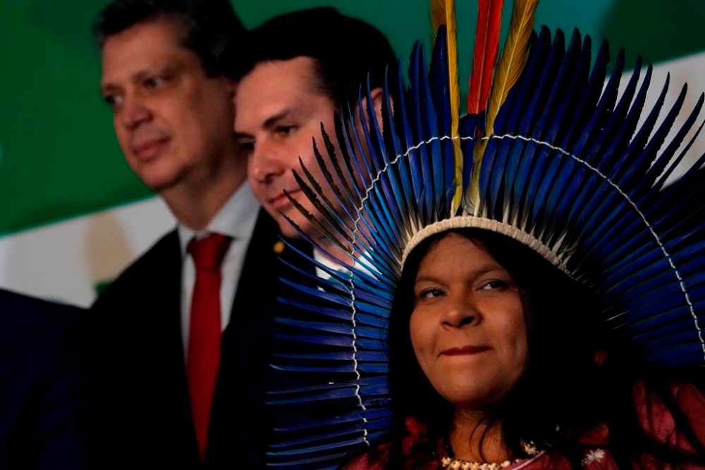 Brazil's newly-named Minister of Indigenous Peoples Sonia Guajajara attends a meeting where Brazil's President-elect Luiz Inacio Lula da Silva announced the ministers for his incoming government, in Brasilia, Brazil, Thursday, Dec. 29, 2022. Lula will be sworn-in on Jan. 1, 2023. (AP Photo/Eraldo Peres)