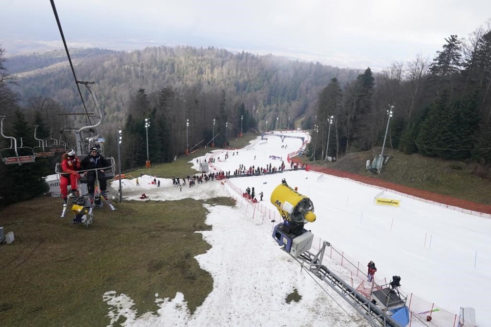 The start of the course of an alpine ski, women's World Cup slalom race, in Zagreb, Croatia, Wednesday, Jan. 4, 2023. The dearth of snow in Europe has revived concerns about temperature upheaval linked to climate change. The United Nations’ World Meteorological Organization says the past eight years are on track to be the eight warmest on record. Its final tally on global temperature figures for 2022 will be released in mid-January. (AP Photo/Giovanni Auletta)