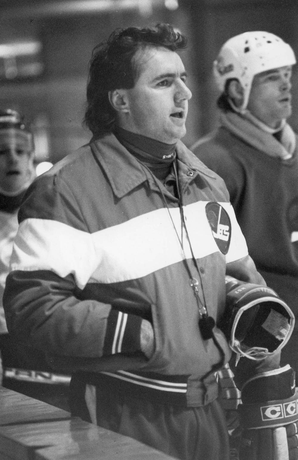WINNIPEG FREE PRESS FILES
Rick Bowness, seen here at a Winnipeg Jets practice in 1989, started his coaching career as a player coach with the Sherbrooke Jets on Dec. 8, 1982.