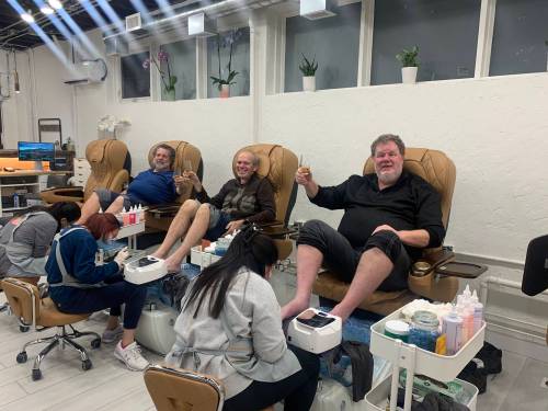 Doug Speirs photo
                                From left: Joe Grande, Bob Cox and Doug sipped single-malt scotch while enjoying their pedicures.