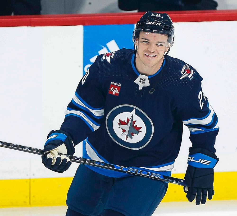 Karson Kuhlman warms up Thursday night prior to the game against the Nashville Predators in Winnipeg. (John Woods / The Canadian Press)