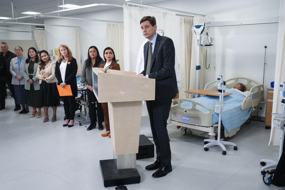 B.C. Premier David Eby speaks during an announcement about funding coverage of application and assessment fees for internationally trained nurses, at Langara College in Vancouver, on Monday, Jan. 9, 2023. THE CANADIAN PRESS/Darryl Dyck