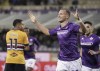 Fiorentina's Antonin Barak celebrates scoring during the Italian Cup round of 16 soccer match between Fiorentina and Sampdoria, at the Artemio Franchi stadium in Florence, Italy, Thursday, Jan. 12, 2023. (Marco Bucco/LaPresse via AP)