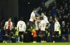 Southampton's James Ward-Prowse celebrates with teammates after scoring his side's second goal during the English Premier League soccer match between Everton and Southampton at Goodison Park in Liverpool, England, Saturday, Jan. 14, 2023. (AP Photo/Jon Super)
