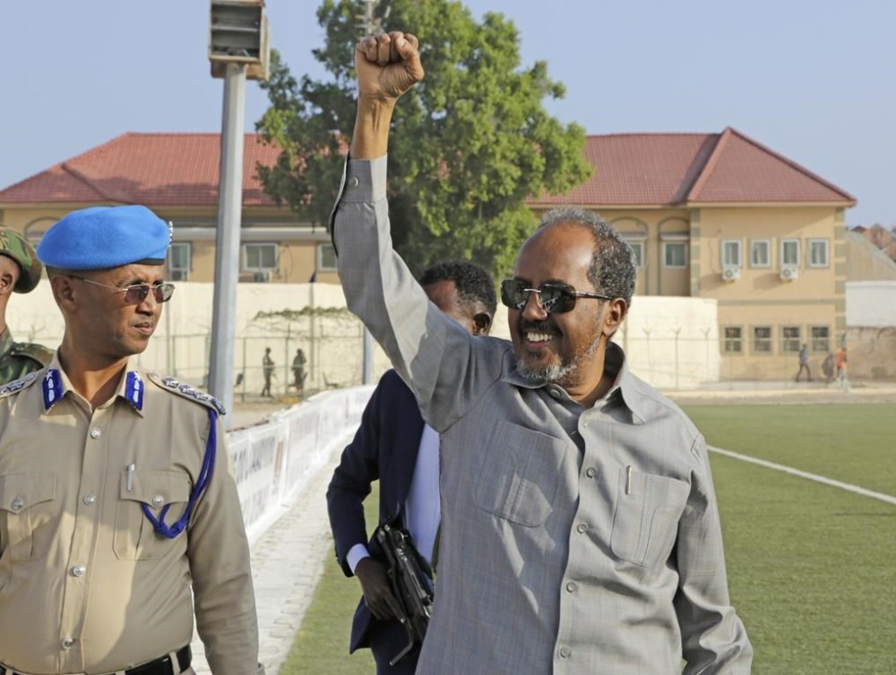 Somalia President Hassan Sheikh Mohamud leads a demonstration at Banadir stadium, Mogadishu, Thursday Jan. 12, 2023. The government rally encouraged an uprising against the al-Shabab group amid a month long military offensive. (AP Photo/Farah Abdi Warsameh)
