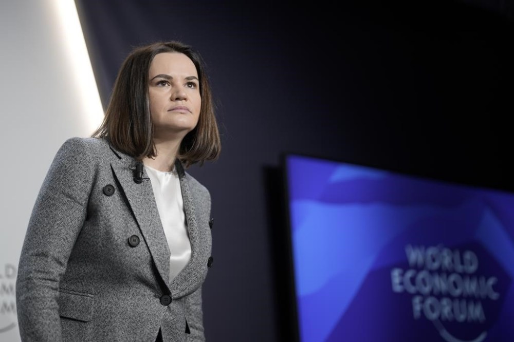 Belarus opposition leader Sviatlana Tsikhanouskaya attends a session at the World Economic Forum in Davos, Switzerland Tuesday, Jan. 17, 2023. The annual meeting of the World Economic Forum is taking place in Davos from Jan. 16 until Jan. 20, 2023. (AP Photo/Markus Schreiber)