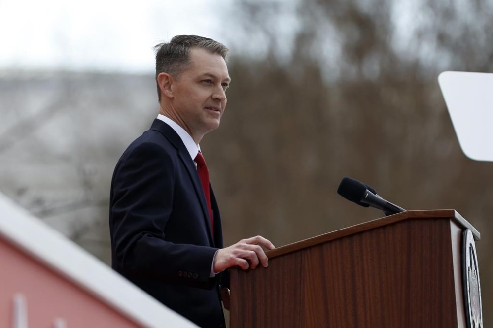 FILE - Alabama Secretary of State Wes Allen speaks during the inauguration ceremony on the steps of the Alabama state Capital in Montgomery, Ala., Monday, Jan. 16, 2023. Alabama's new secretary of state announced on Tuesday, Jan. 17, that the state has withdrawn from a 32-state voter registration partnership designed to maintain accurate voter rolls but that has sometimes become the target of conservative ire and conspiracy theories. (AP Photo/Butch Dill, File)
