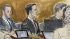 In this courtroom sketch, former Fox executive Hernandez Lopez, center, sits with his defense attorneys in Brooklyn federal court Tuesday, Jan. 17, 2023, in New York. Two former Fox sports executives, Carlos Martinez and Lopez, and a sports marketing company based in Argentina are going on trial in a scheme to pay bribes to secure broadcasting rights to South America's premier club soccer tournament and to the World Cup. (Elizabeth Williams via AP)