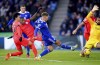 Leicester's Marc Albrighton, center, scores his side's first goal of the game during the English Premier League soccer match between Leicester City and Brighton & Hove Albion at the King Power Stadium, Leicester, England, Saturday, Jan. 21, 2022. (Mike Egerton/PA via AP)