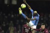 Napoli's Victor Osimhen jumps for the ball during the Serie A soccer match between Salernitana and Napoli at the Arechi stadium in Salerno, Italy, Saturday Jan. 21, 2023. (Alessandro Garofalo/LaPresse via AP)