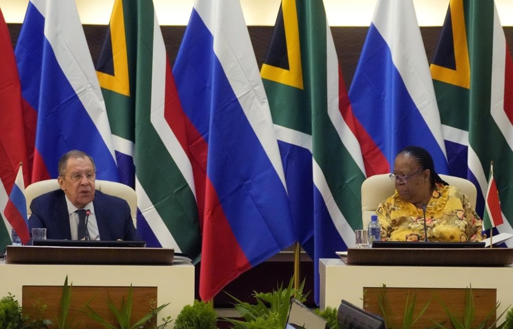 Russia's Foreign Minister Sergey Lavrov, left, speaks as his South Africa's counterpart in Naledi Pandor listens, during their opining remarks of their meeting in Pretoria, South Africa, Monday, Jan. 23, 2023. Lavrov arrived in South Africa for diplomatic talks with his counterpart amid heightened global tensions over the country's war with Ukraine. (AP Photo/Themba Hadebe)