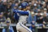 FILE - Kansas City Royals' Adalberto Mondesi bats against the Seattle Mariners on Saturday, April 23, 2022, in Seattle. The Royals acquired left-hander Josh Taylor from the Boston Red Sox for injury-prone shortstop Adalberto Mondesi and an additional player on Tuesday, Jan. 24, 2023, the second straight day that Kansas City dealt one of its surplus position players in a bid to upgraded its lackluster bullpen.(AP Photo/Stephen Brashear, File)