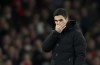 Arsenal's manager Mikel Arteta reacts during the English Premier League soccer match between Arsenal and Manchester United at Emirates stadium in London, Sunday, Jan. 22, 2023. (AP Photo/Ian Walton)