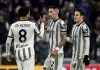 Juventus' Angel Di Maria celebrates scoring with teammates Weston McKennie and Nicolo' Fagioli, right, during the Serie A soccer match between Juventus and Atalanta at Juventus Stadium in Turin, Italy, Sunday Jan. 22, 2023. (Marco Alpozzi/LaPresse via AP)