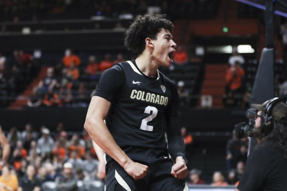 Colorado guard KJ Simpson (2) celebrates a basket against Oregon State during the first half of an NCAA college basketball game in Corvallis, Ore., Saturday, Jan. 28, 2023. (AP Photo/Amanda Loman)