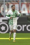 Sassuolo's Domenico Berardi celebrates after scoring his side's 3rd goal during a Serie A soccer match between AC Milan and Sassuolo at the San Siro stadium in Milan, Italy, Sunday, Jan. 29, 2023. (AP Photo/Antonio Calanni)