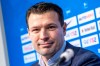 29 January 2023, Berlin: Soccer: Bundesliga, Hertha BSC, press conference. Benjamin Weber, Hertha BSC's new sports director, smiles during a press conference (Andreas Gora/dpa via AP)