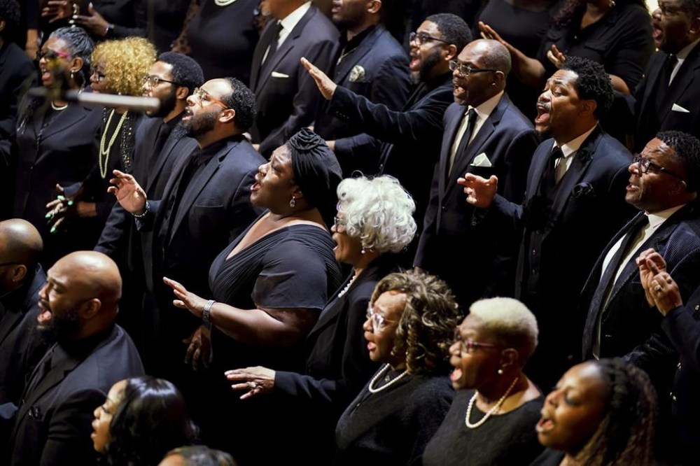 The Celebration Choir performs during the funeral service for Tyre Nichols at Mississippi Boulevard Christian Church in Memphis, Tenn., on Wednesday, Feb. 1, 2023. Nichols died following a brutal beating by Memphis police after a traffic stop. (Andrew Nelles/The Tennessean via AP, Pool)