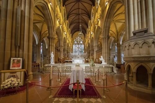 The coffin of Cardinal George Pell lays in state at St. Mary's Cathedral in Sydney, Wednesday, Feb. 1, 2023. Pell, who was once the third-highest ranking cleric in the Vatican and spent more than a year in prison before his child abuse convictions were overturned in 2020, died in Rome on Jan. 10 at age 81. (Giovanni Portelli/Archdiocese of Sydney, Pool Photo via AP)