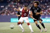 Forward Jared Ulloa (centre) is shown in action for Valour FC against Pacific FC on August 16, 2021, at IG Field in Winnipeg. THE CANADIAN PRESS/HO-Robert Reyes-Valour FC