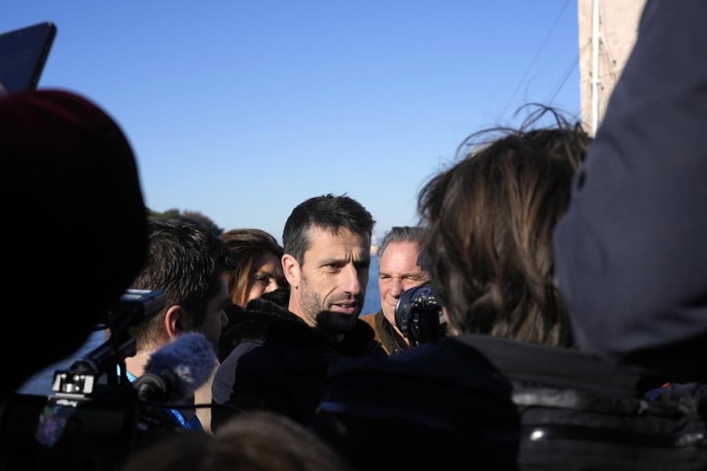 Head of Paris 2024 Olympics Tony Estanguet, speaks to reporters before a press conference at the Marseille City Hall, southern France, Friday, Feb. 3. 2023. Instead of arriving overland, the symbolic flame alighting the Paris 2024 Games will take to the seas from its birthplace in Greece, arriving aboard a three-masted tall ship in the French port of Marseille. (AP Photo/Thibault Camus)